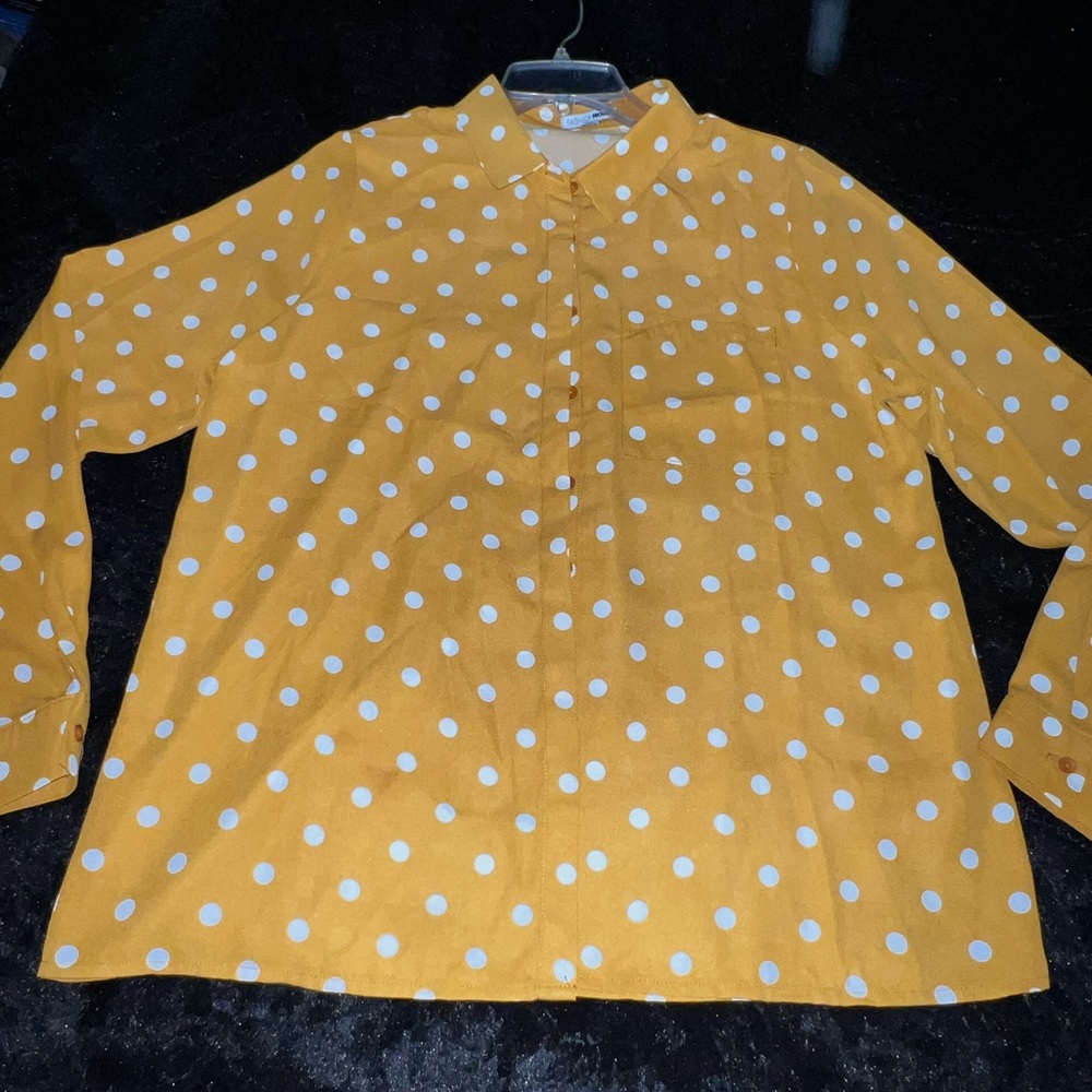 Yellow/white polka dot blouse button down shirt